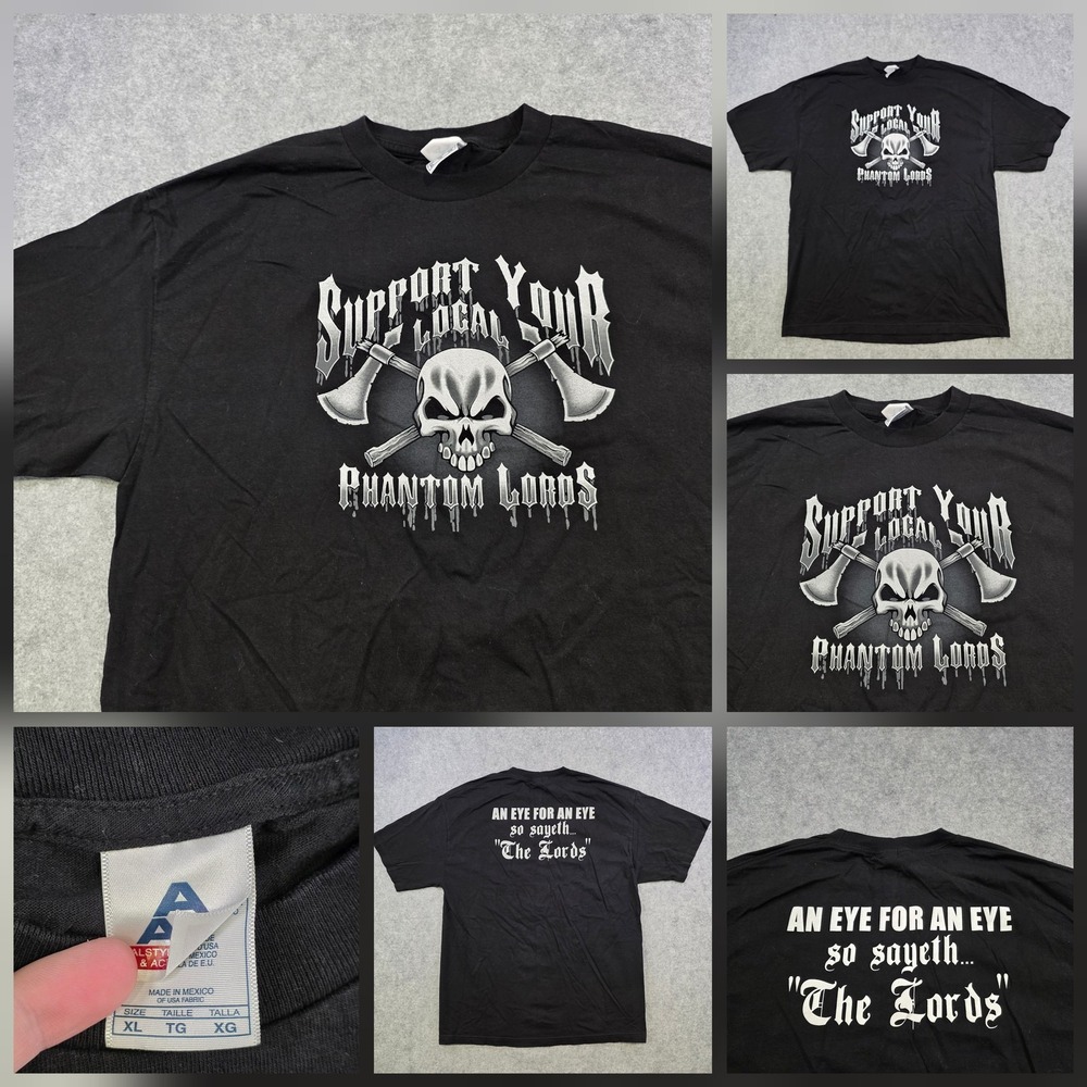 VTG Support Your Local Phantom Lords T Shirt Mens XL Black Skull Biker Alstyle